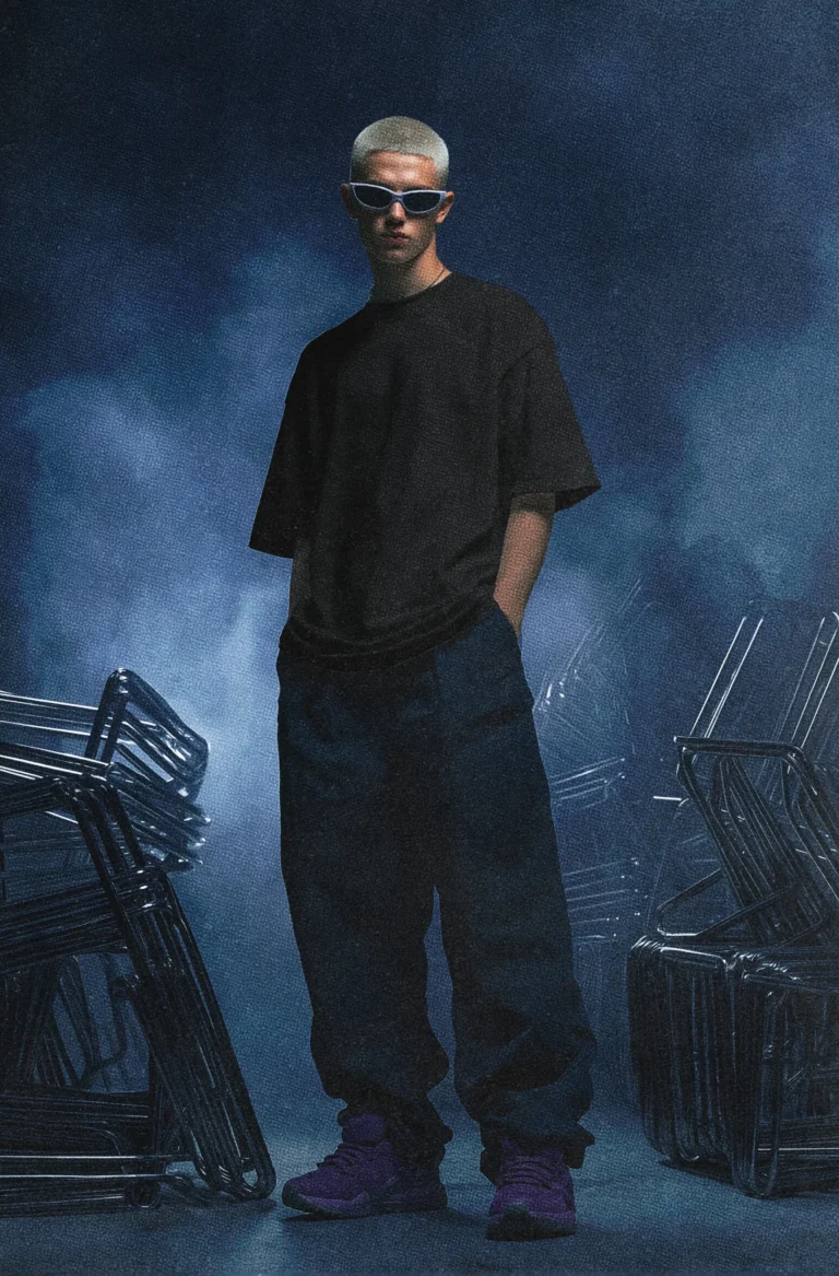 Model wearing black oversized T-shirt