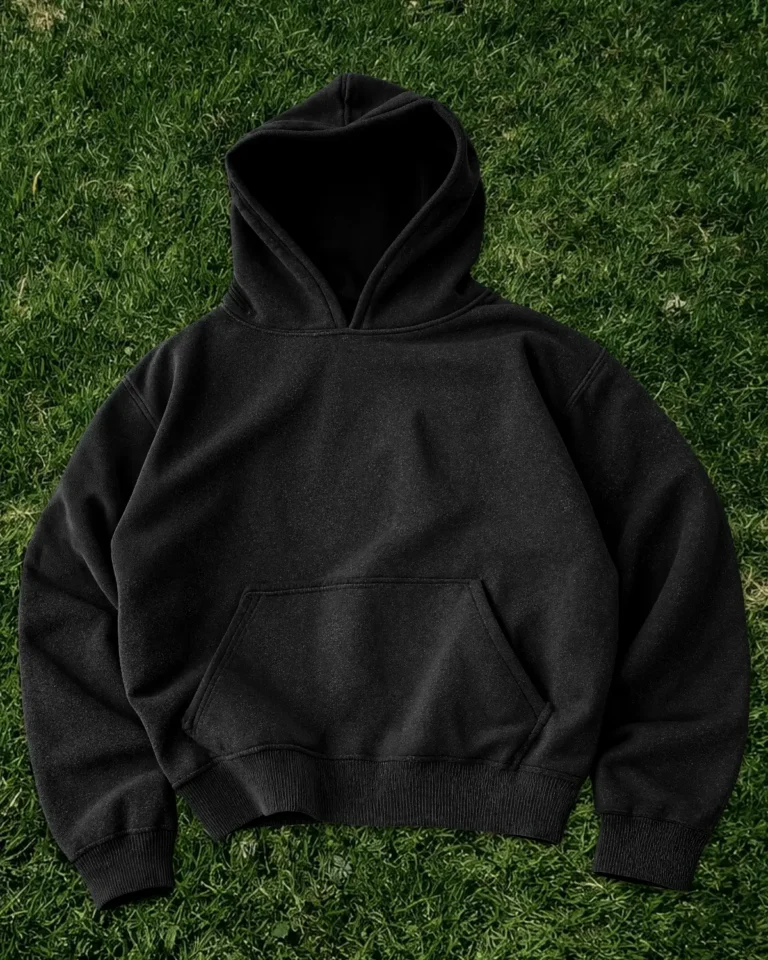Black pullover hoodie lying on the grass