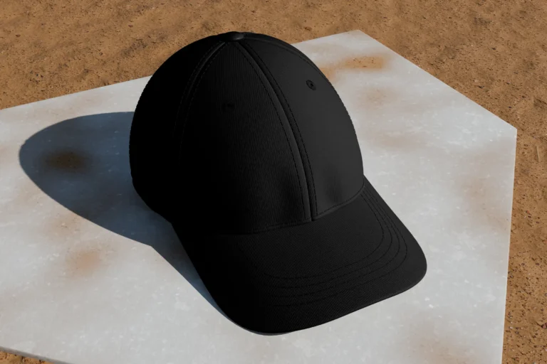 Black baseball cap on a white floor