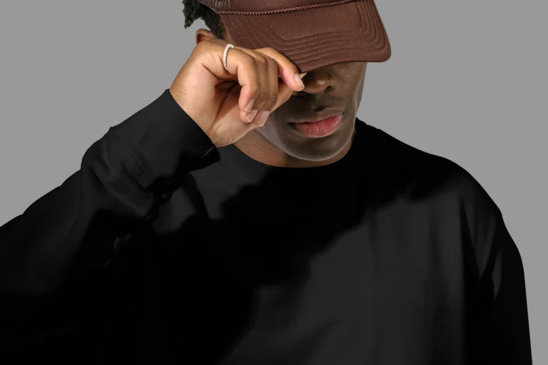 Fullsleeve black sweatshirt worn by male model in close up
