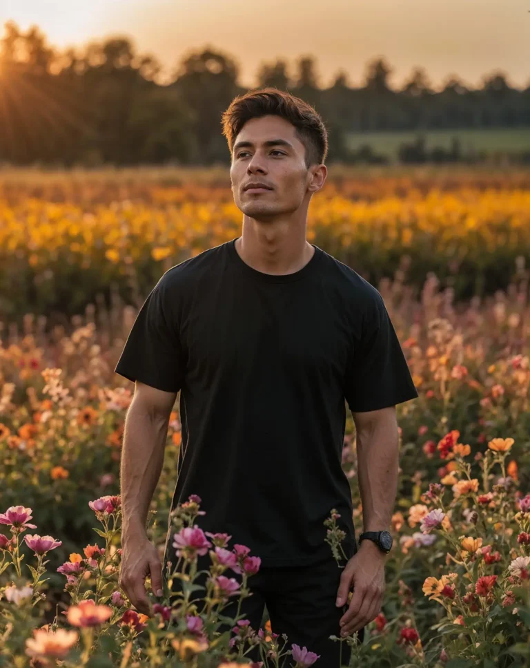 Man wearing black t-shirt at sunset